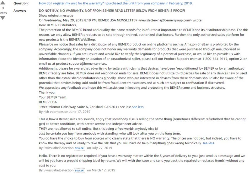 Screenshot of Amazon search results for Bemer, showing accessories and third-party used listings rather than new sets from BEMER Group