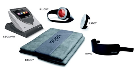 Bemer Pro set components labelled: B.Box Pro controller, B.Light applicator, B.Spot, the B.Body full-body mat and the B.Pad